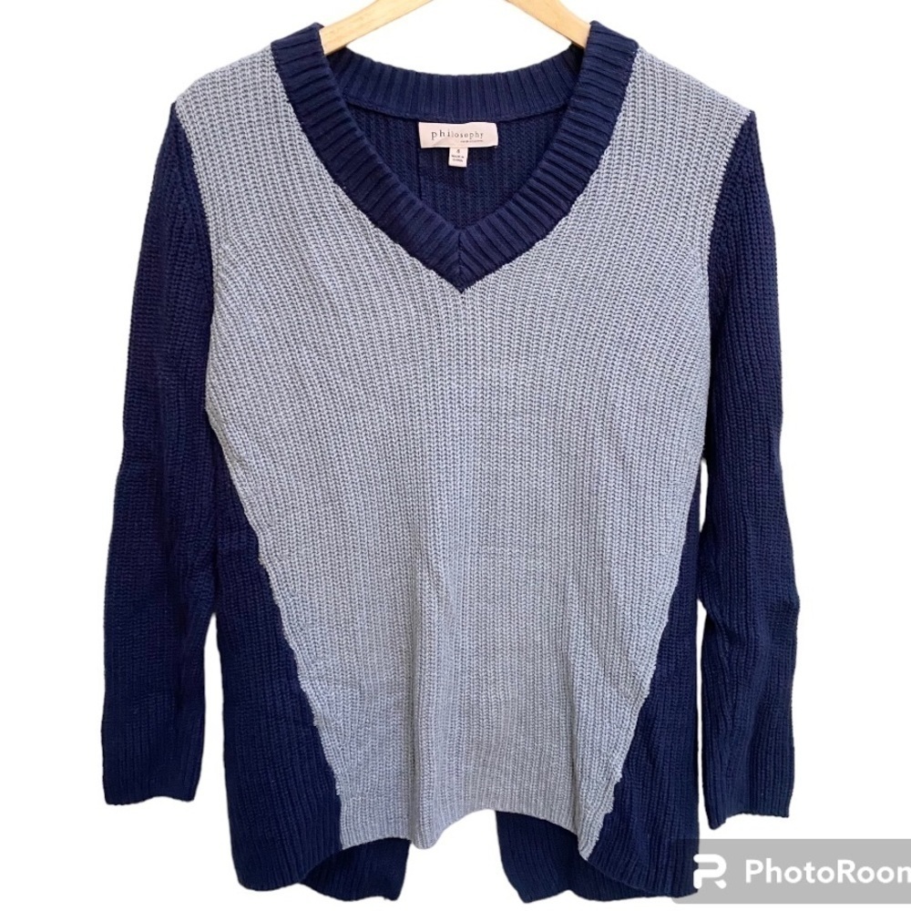 Philosophy colorblock blue grey sweater with open split back size small
